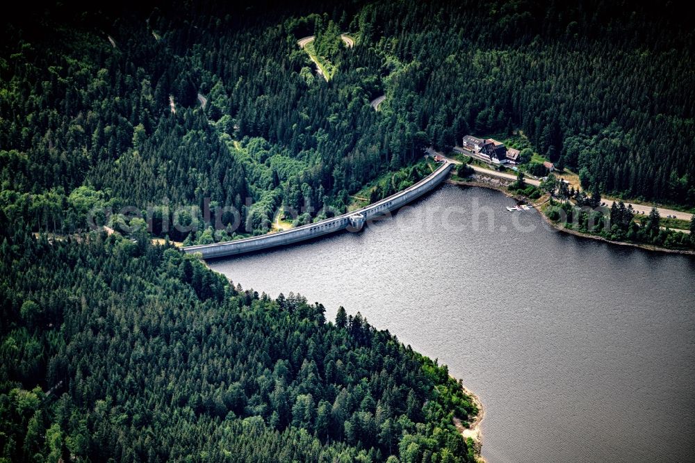Forbach from above - Dam and shore areas at the lake Schwarzenbach-Talsperre in Forbach in the state Baden-Wurttemberg, Germany