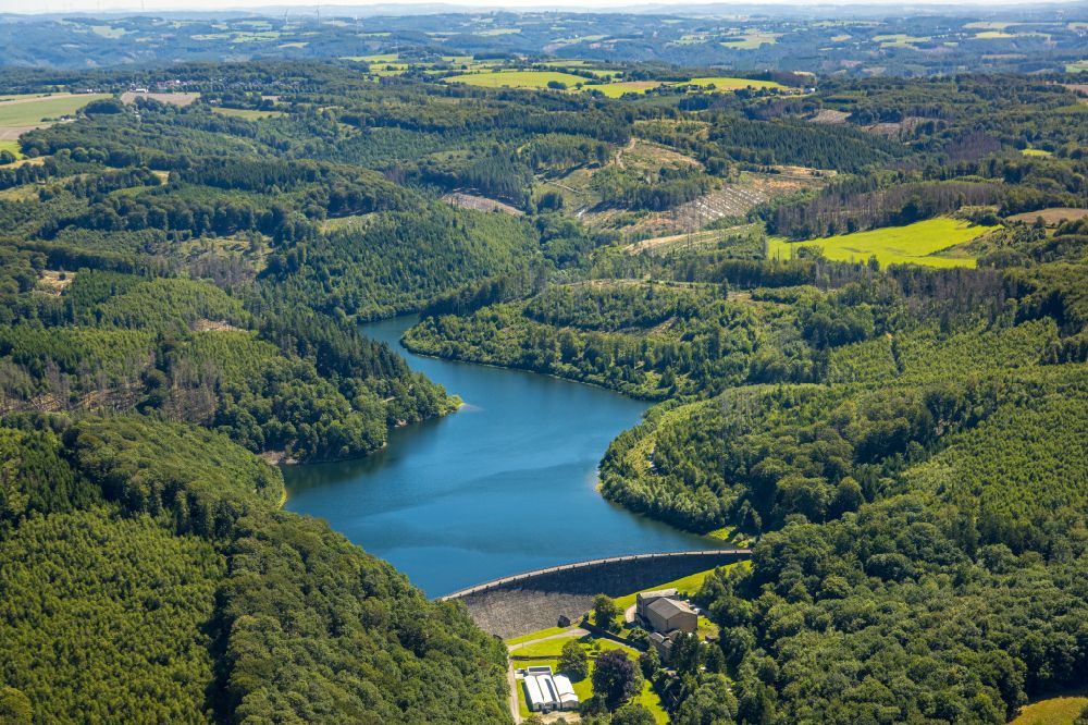 Hagen from above - Dam and shore areas at the lake Hasper Bach on street Talsperrenweg in Hagen at Ruhrgebiet in the state North Rhine-Westphalia, Germany