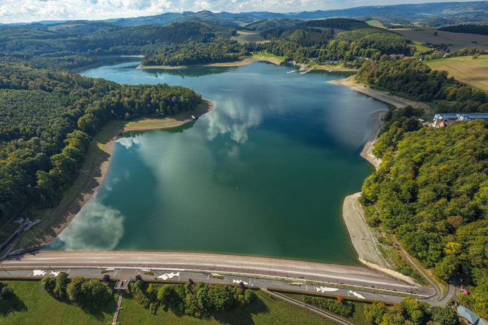 Aerial photograph Meschede - Dam with fish drawings at the Dam and shore areas at the lake Hennesee in Meschede in the state North Rhine-Westphalia