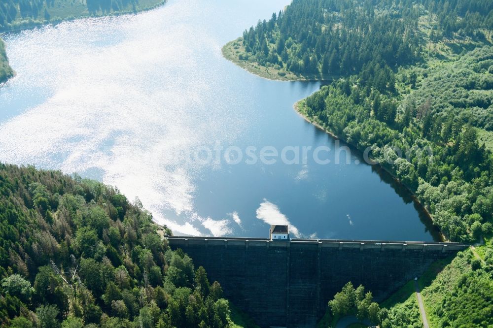 Ilsenburg (Harz) from above - Dam and shore areas at the lake cornerrstausee in Ilsenburg (Harz) in the state Lower Saxony, Germany
