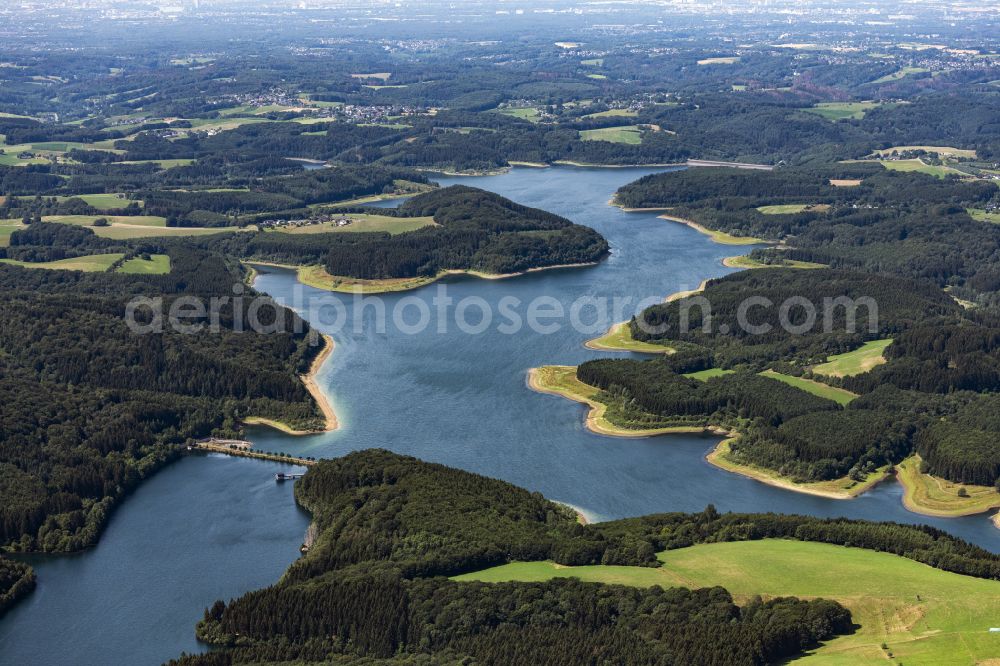 Kürten from above - Dam and shore areas at the lake Grosse Dhuenntalsperre in Kuerten in the state North Rhine-Westphalia, Germany