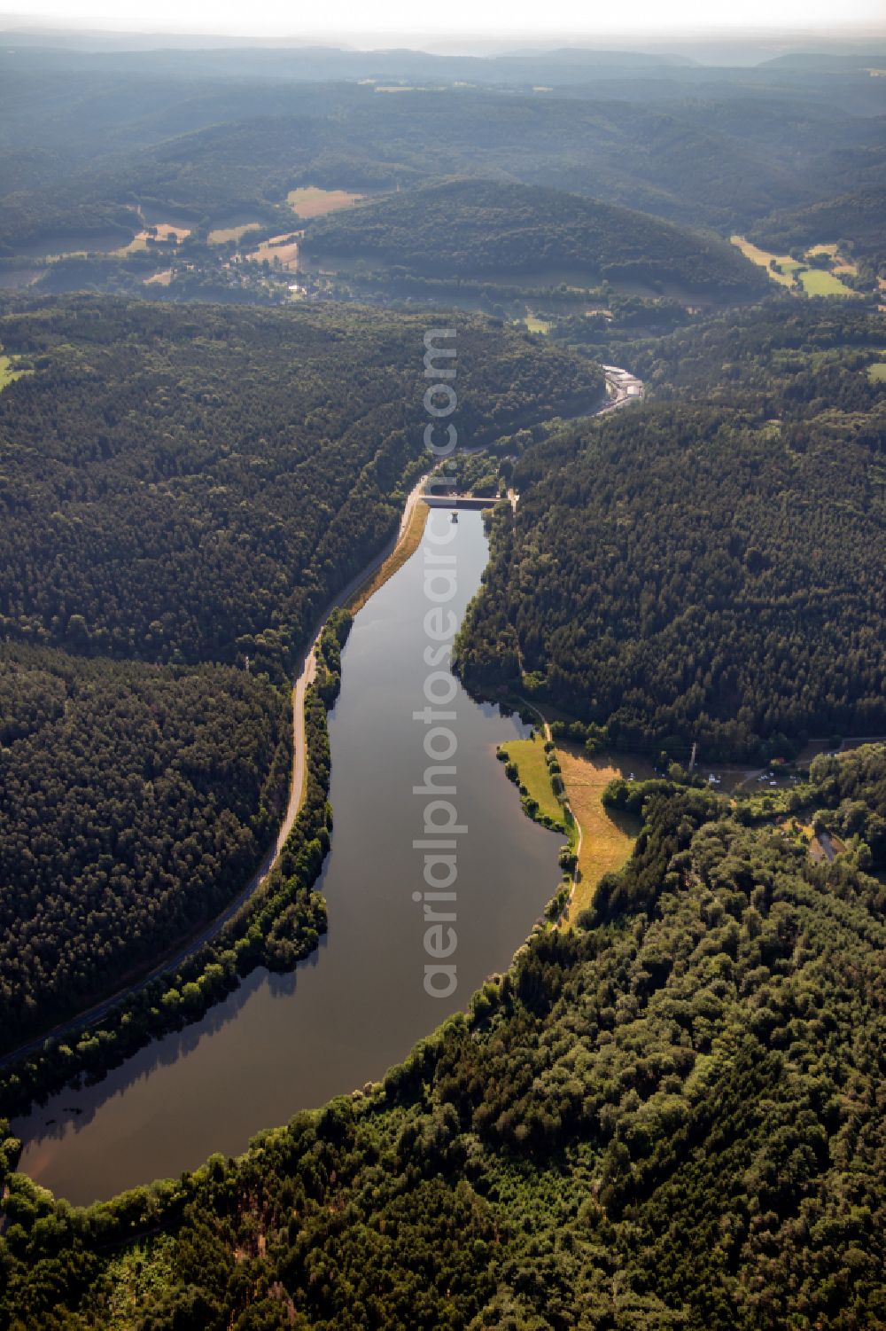 Oberzent from above - Dam and shore areas at the lake Marbach-Stauseee on street B460 in Oberzent in the state Hesse, Germany
