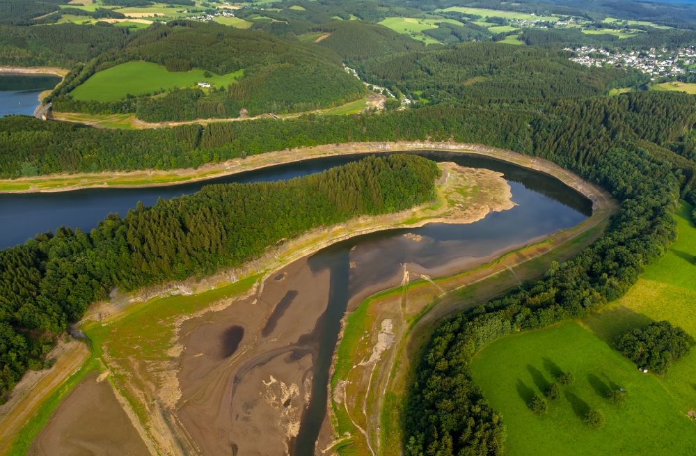 Olpe from above - Dam and shore areas at the lake of Biggesee in Olpe in the state North Rhine-Westphalia