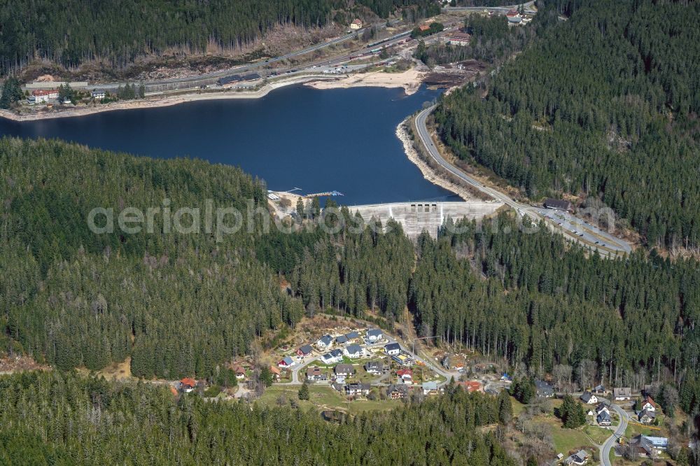 Aerial photograph Schluchsee - Dam and shore areas at the lake in Schluchsee in the state Baden-Wuerttemberg, Germany