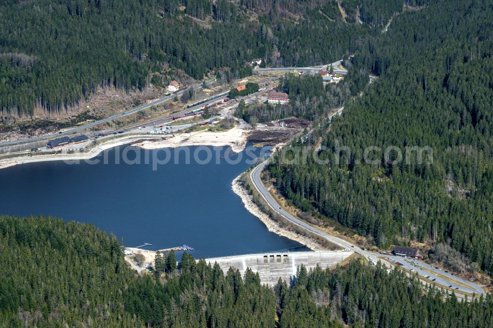 Schluchsee from above - Dam and shore areas at the lake in Schluchsee in the state Baden-Wuerttemberg, Germany