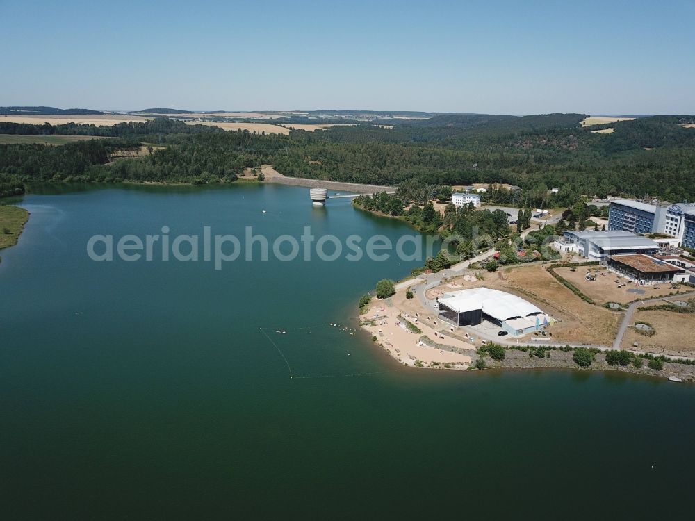 Zeulenroda-Triebes from the bird's eye view: Dam and shore areas at the lake in Zeulenroda-Triebes in the state Thuringia, Germany