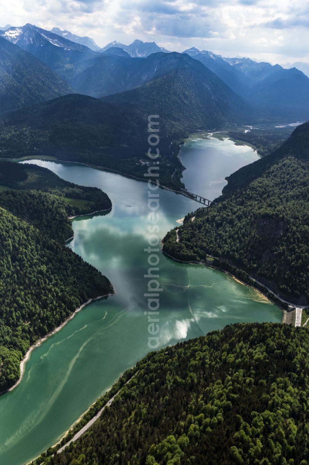 Aerial image Lenggries - Dam and shore areas at the lake Sylvensteinsee in Lenggries in the state Bavaria, Germany