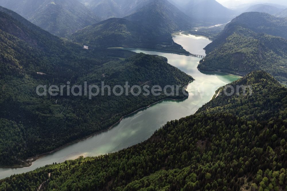 Aerial image Lenggries - Dam and shore areas at the lake Sylvensteinsee in Lenggries in the state Bavaria, Germany