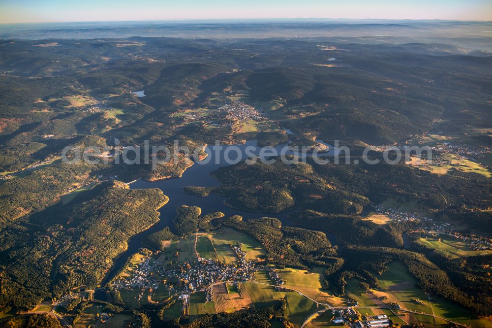 Aerial image Stützengrün - Shore areas at the lake Talsperre Eibenstock in Stuetzengruen in the state Saxony, Germany
