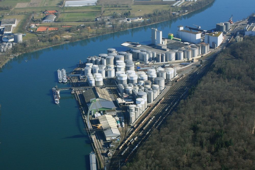 Aerial image Muttenz - The tank farm in the Auhafen in Muttenz, Switzerland. The Rhine harbor is turnover for industry and petroleum products