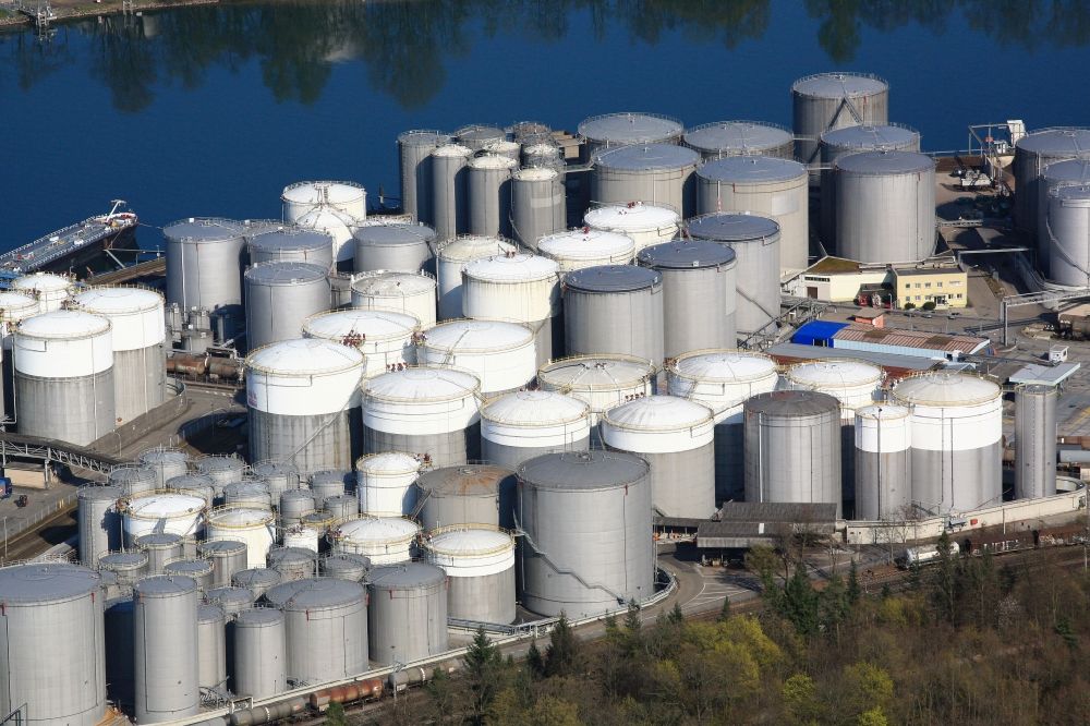 Muttenz from the bird's eye view: The tank farm in the Auhafen in Muttenz, Switzerland. The Rhine harbor is turnover for industry and petroleum products