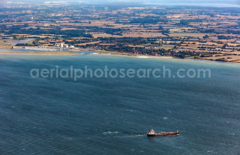 Wendtorf from the bird's eye view: Tanker for oil and chemicals on the Baltic Sea off the coast of Wendtorf in the state Schleswig-Holstein, Germany. The tanker ALI KA with the IMO number 9451226 in front of the entrance to the Kiel Fjord