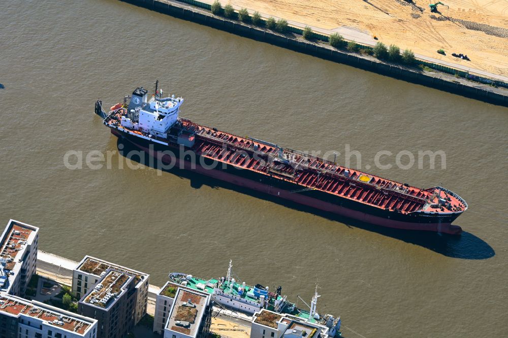 Aerial photograph Hamburg - Cargo ship - tanker for oil and chemicals Seychelles Progress on the North Elbe in the district HafenCity in Hamburg, Germany