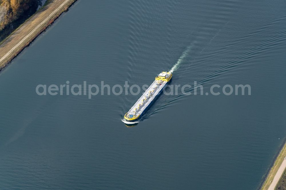 Aerial image Schwanau - Cargo ships - Tanker for Oil and Chemicals on the way on the Rhine in Schwanau in the state Baden-Wuerttemberg, Germany