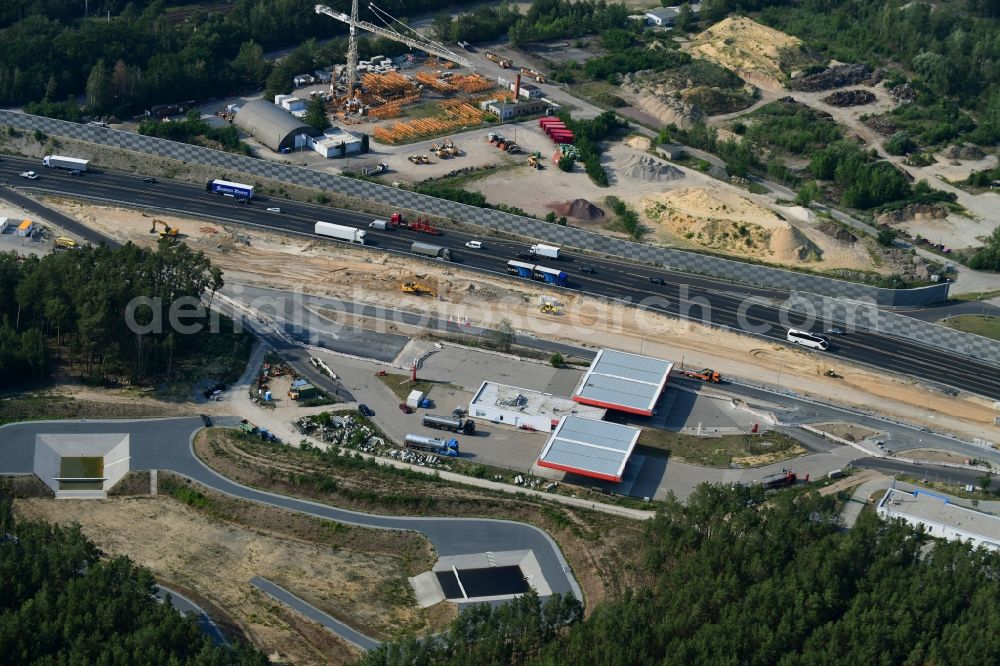 Michendorf from above - Gas station for sale of petrol and diesel fuels and mineral oil trade on Autobahn BAB A10 in Michendorf in the state Brandenburg, Germany