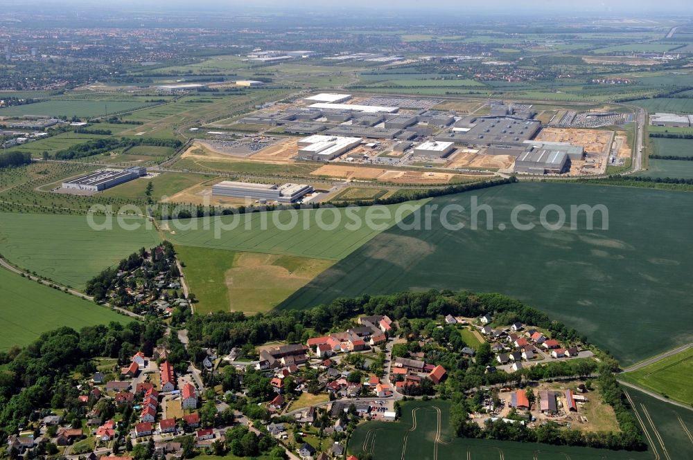 Aerial image Taucha OT Merkwitz - View over the village Merkwitz onto the BMW plant Leipzig in the state Saxony