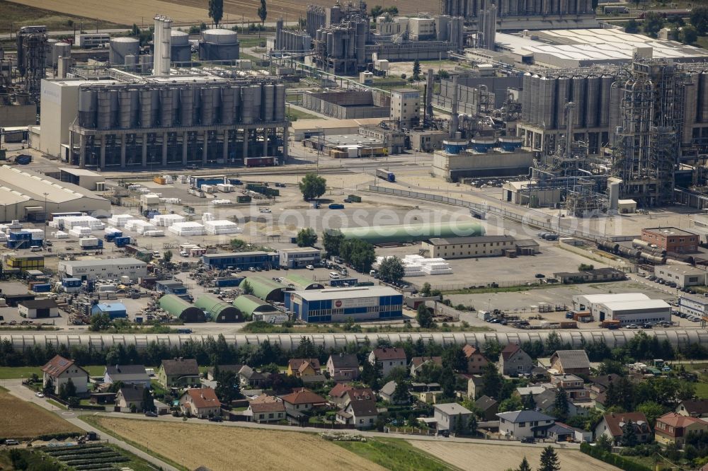 Schwechat from above - Technical facilities of Borealis and OMV refinery in the industrial area in Schwechat in Lower Austria, Austria