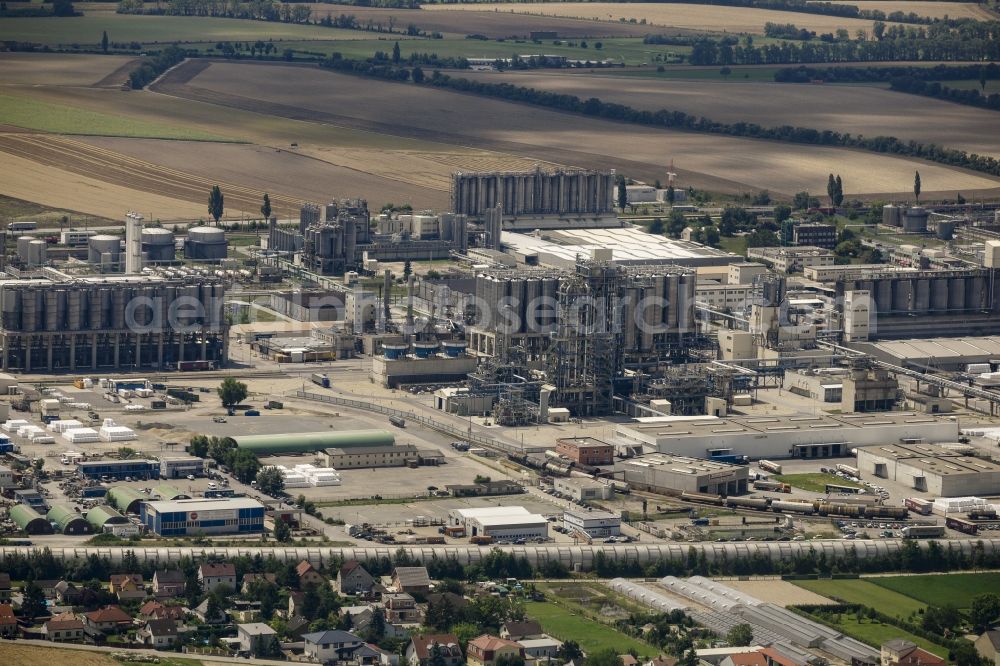Schwechat from the bird's eye view: Technical facilities of Borealis and OMV refinery in the industrial area in Schwechat in Lower Austria, Austria