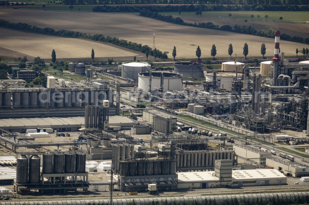 Schwechat from the bird's eye view: Technical facilities of Borealis and OMV refinery in the industrial area in Schwechat in Lower Austria, Austria