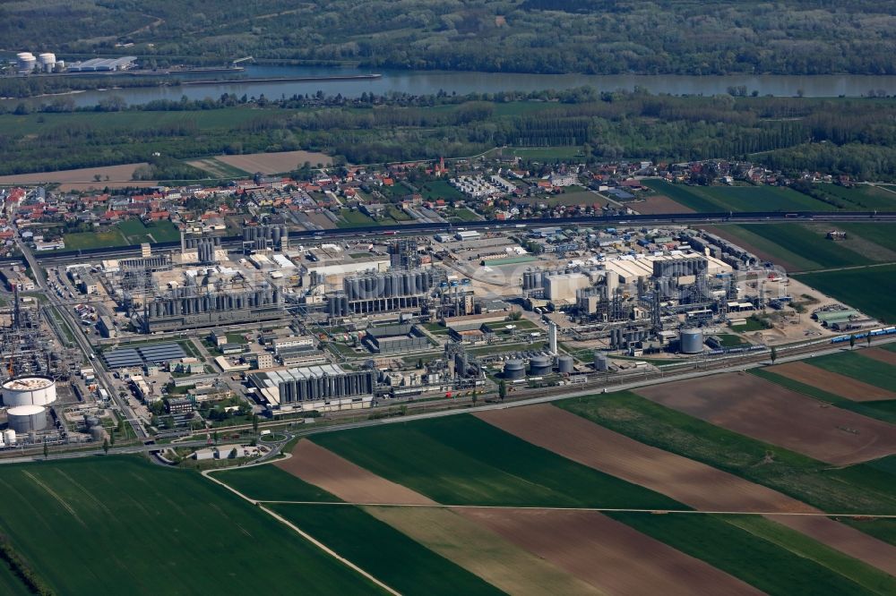 Aerial image Schwechat - Technical facilities of Borealis and OMV refinery in the industrial area in Schwechat in Lower Austria, Austria