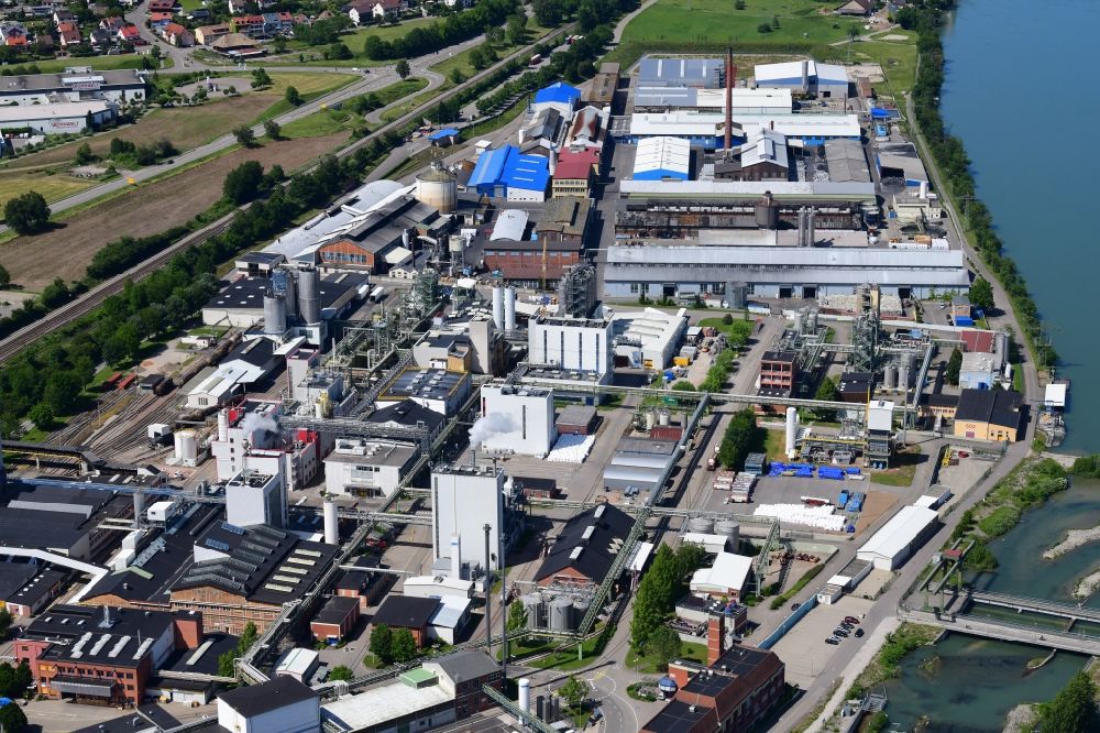 Rheinfelden (Baden) from above - Technical facilities in the industrial area with companies Evonik Industries and Aluminium Rheinfelden in Rheinfelden (Baden) in the state Baden-Wurttemberg, Germany