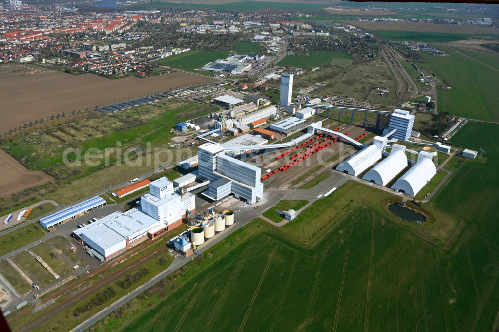 Bernburg (Saale) from the bird's eye view: Technical facilities in the industrial area of ESCO Bernburger Salzwerke in Bernburg (Saale) in the state Saxony-Anhalt, Germany