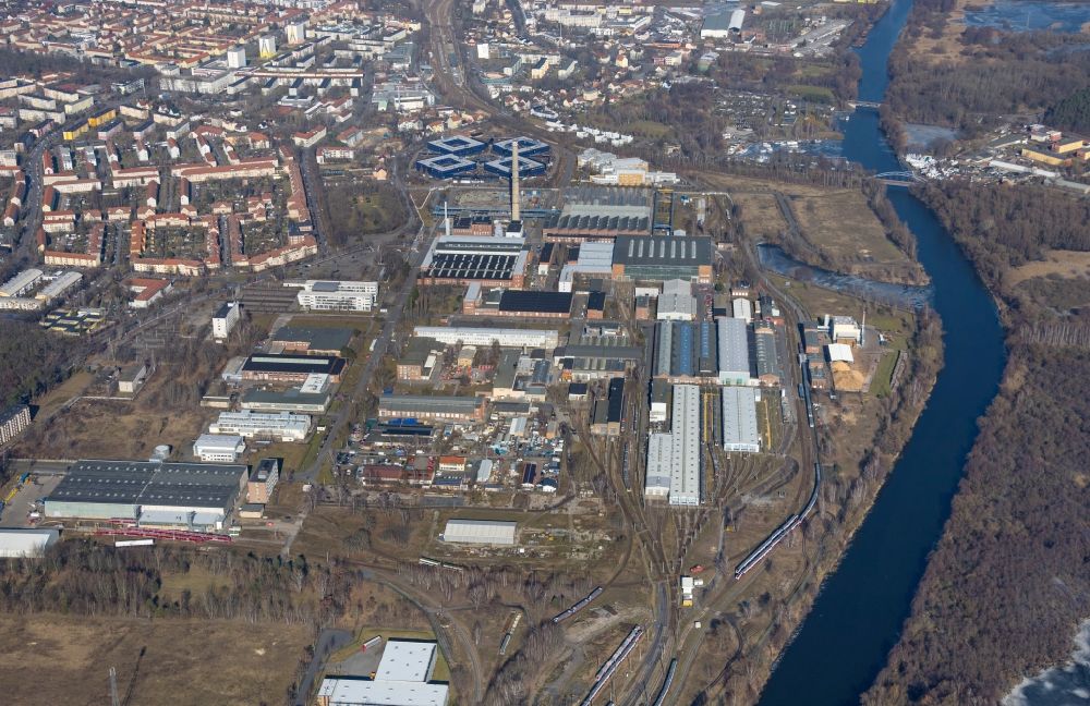 Aerial photograph Hennigsdorf - Technical facilities in the industrial area of factorysanlagen of Bombadier Transportation in Hennigsdorf in the state Brandenburg, Germany