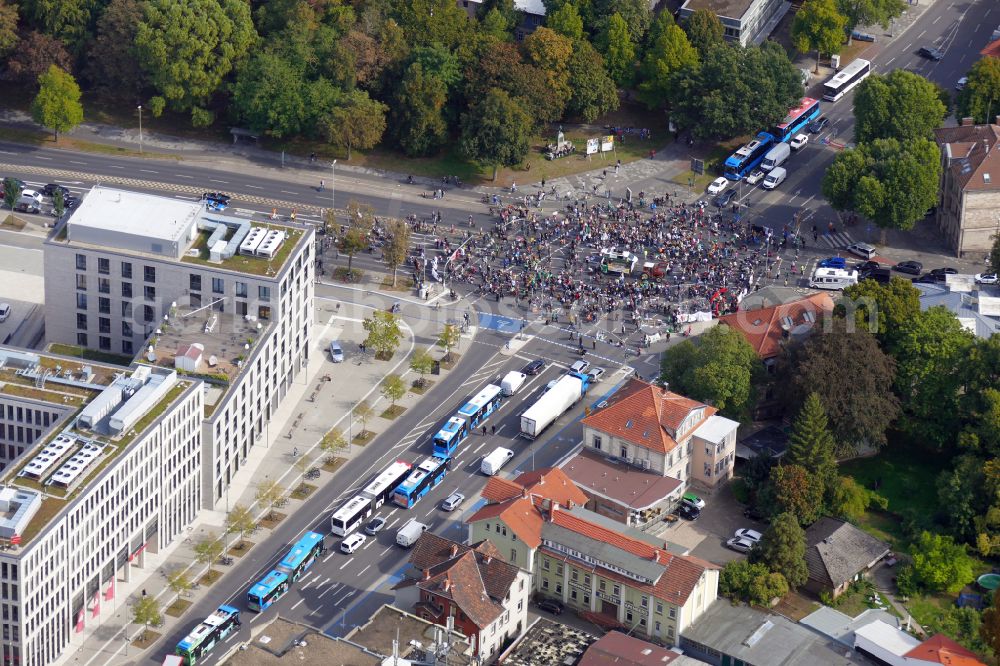 Göttingen from above - Participant of a political protest demonstration Fridays for Future in Goettingen in the state Lower Saxony, Germany