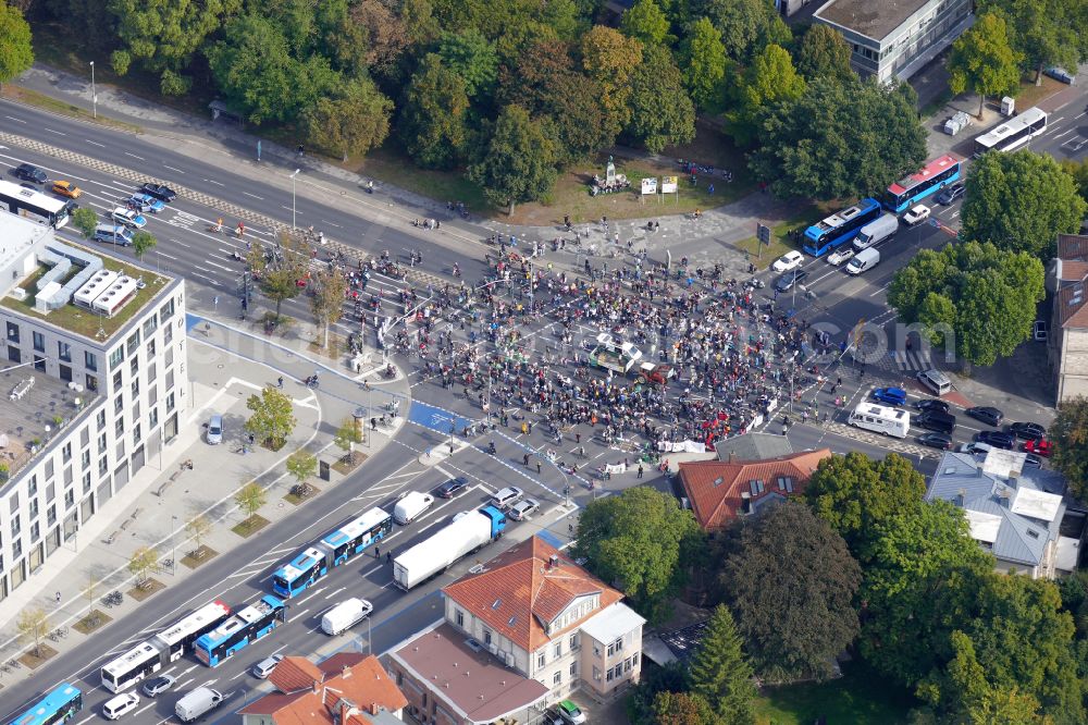 Göttingen from the bird's eye view: Participant of a political protest demonstration Fridays for Future in Goettingen in the state Lower Saxony, Germany