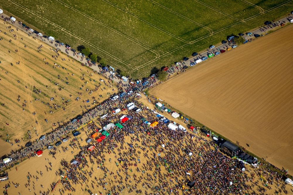 Aerial image Hambach - Participant of a political protest demonstration against the clearing of the forest Hambacher Forst in Hambach in the state North Rhine-Westphalia, Germany