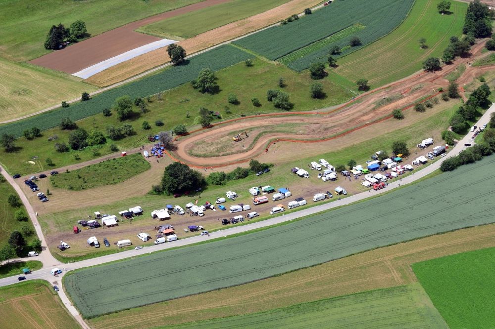 Schopfheim from above - Participants and racing track of the sporting event ADAC Motocross at the area in Schopfheim in the state Baden-Wurttemberg, Germany