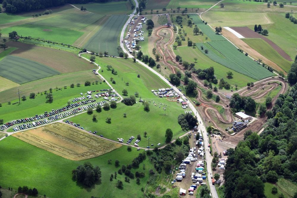 Schopfheim from the bird's eye view: Participants and racing track of the sporting event ADAC Motocross at the area in Schopfheim in the state Baden-Wurttemberg, Germany
