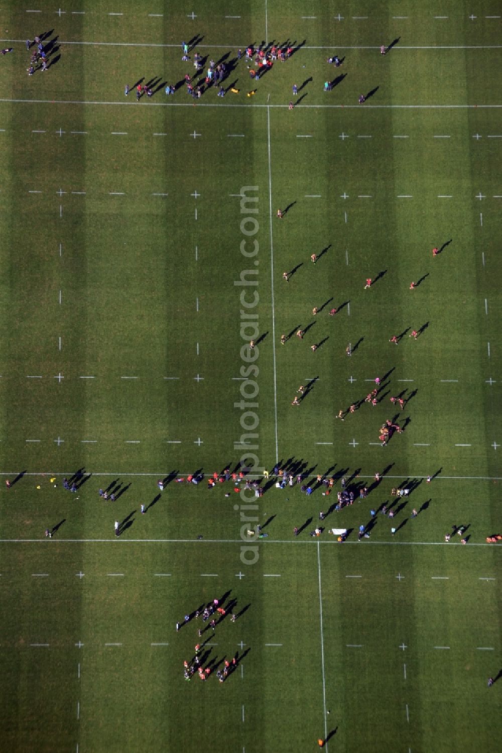 Berlin from the bird's eye view: Participants of the sports event of the Berliner Rugby Club eV on the sports field Glockenturmstrasse on Maifeld in Berlin