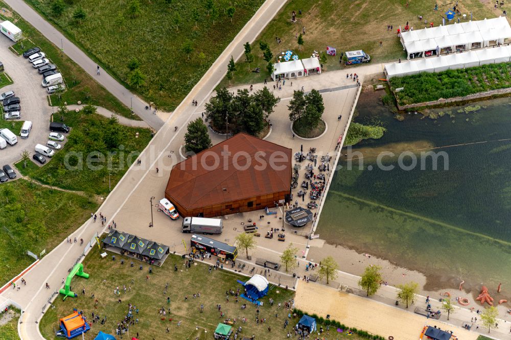 Aerial photograph Lahr/Schwarzwald - Participants of the sporting event Landes Turnfest Baden- Wuerttemberg in Lahr on 27.Mai 2022 at the event area in Lahr/Schwarzwald in the state Baden-Wuerttemberg, Germany