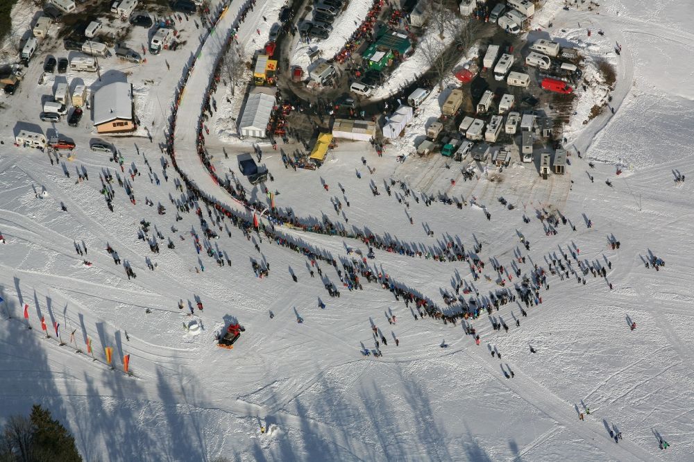 Aerial image Todtmoos - Participants and spectators of the sporting event sled dog race at the event area in the district Schwarzenbach in Todtmoos in the state Baden-Wuerttemberg