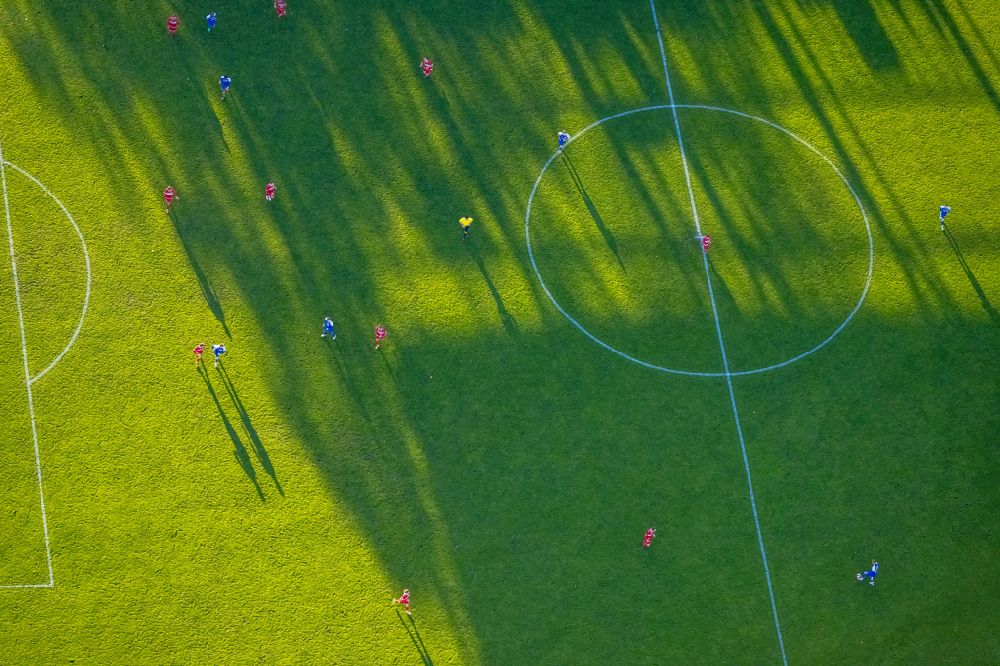 Aerial image Hamm - Participants of the training at the sport area of football field in Sportzentrum Ost in Hamm in the state North Rhine-Westphalia, Germany
