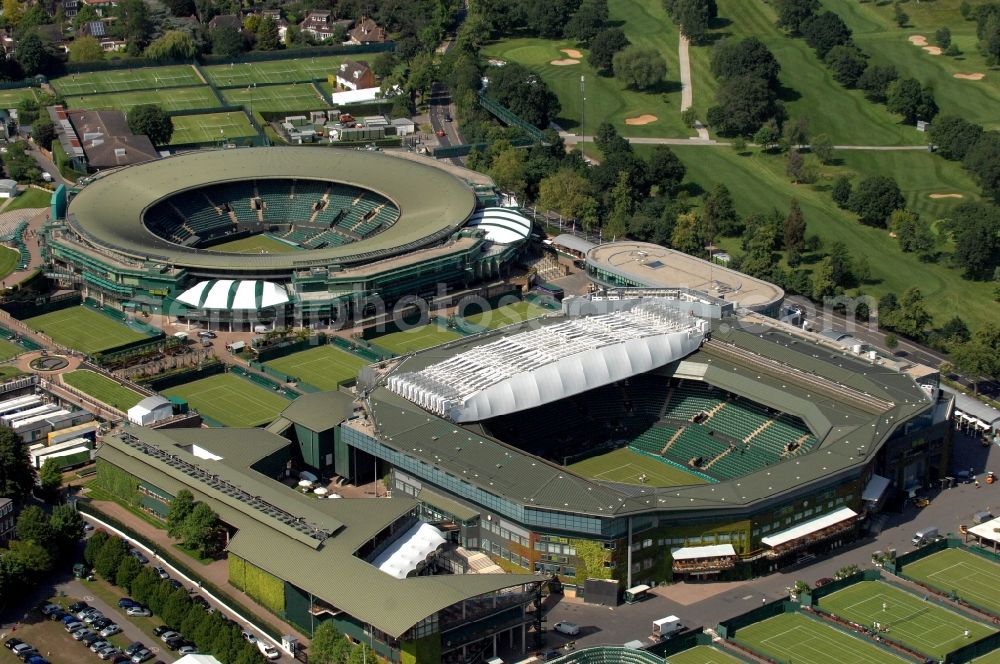 Aerial photograph London - Venue of the tennis tournament the Championships, Wimbledon with the Court No.1 and the Centre Court and one of the Olympic and Paralympic venues for the 2012 Games in London in England, Great Britain