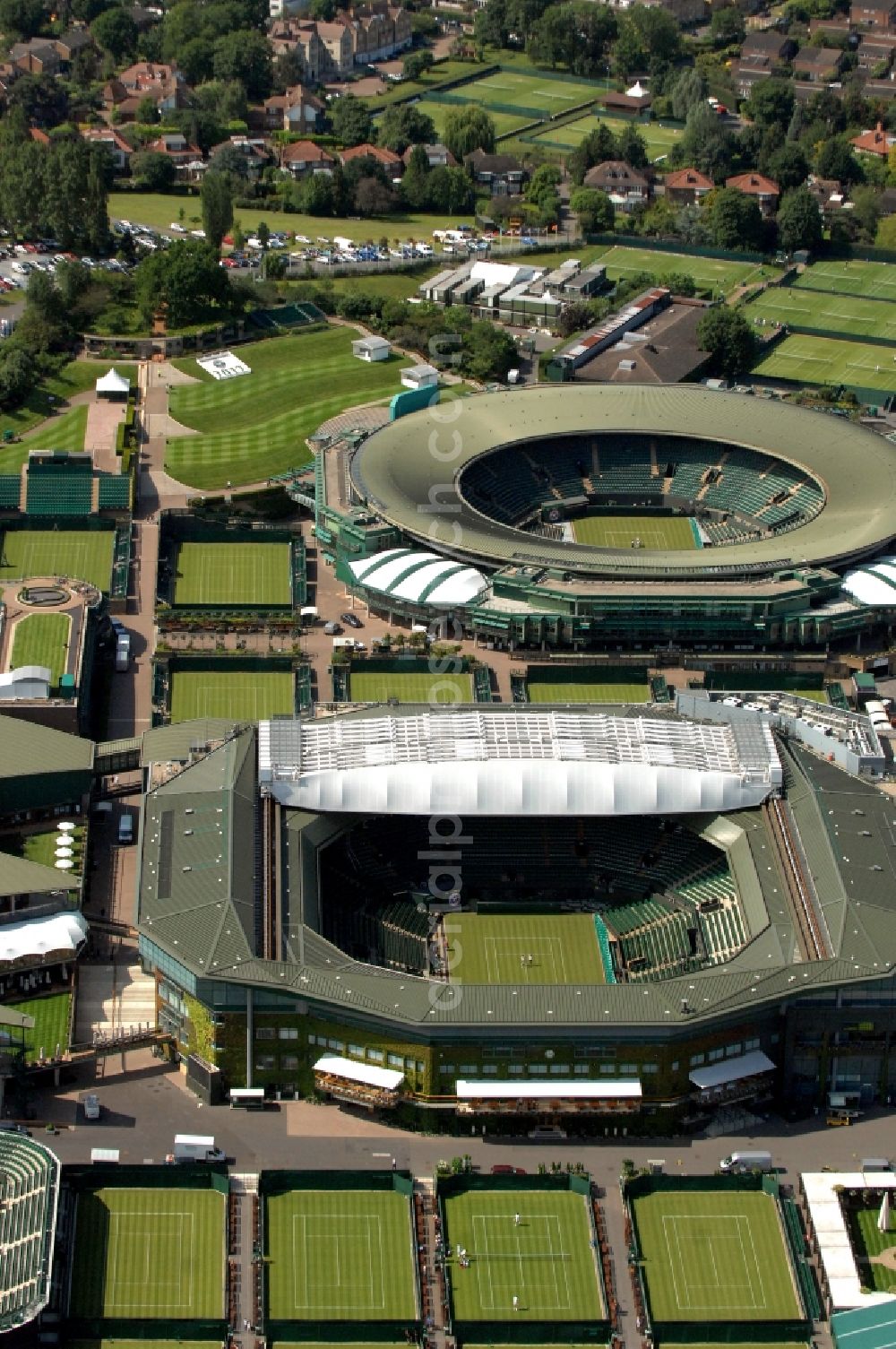 London from the bird's eye view: Venue of the tennis tournament the Championships, Wimbledon with the Court No.1 and the Centre Court and one of the Olympic and Paralympic venues for the 2012 Games in London in England, Great Britain