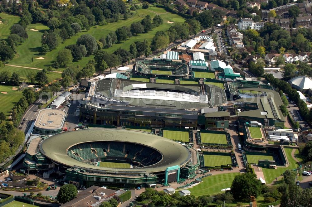 Aerial image London - Venue of the tennis tournament the Championships, Wimbledon with the Court No.1 and the Centre Court and one of the Olympic and Paralympic venues for the 2012 Games in London in England, Great Britain