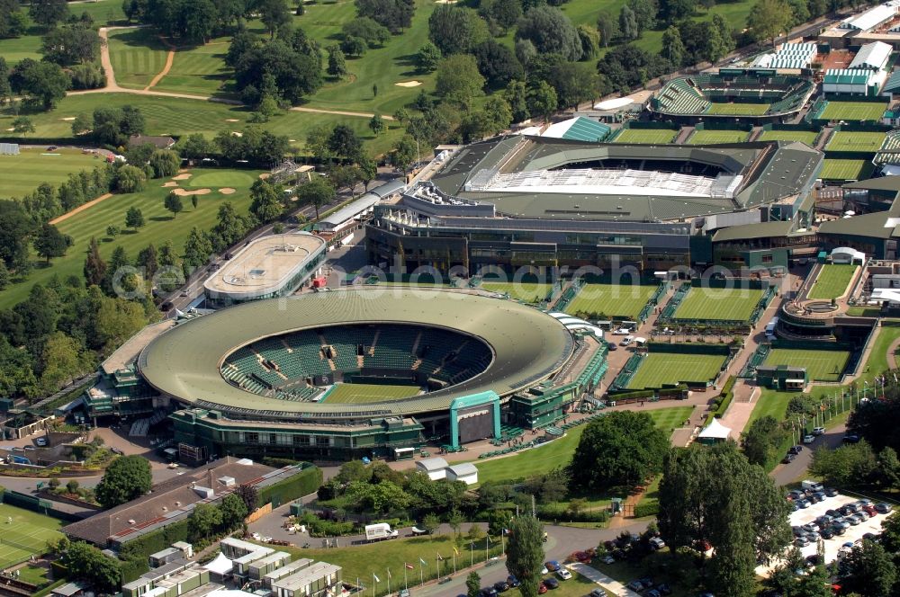 Aerial photograph London - Venue of the tennis tournament the Championships, Wimbledon with the Court No.1 and the Centre Court and one of the Olympic and Paralympic venues for the 2012 Games in London in England, Great Britain