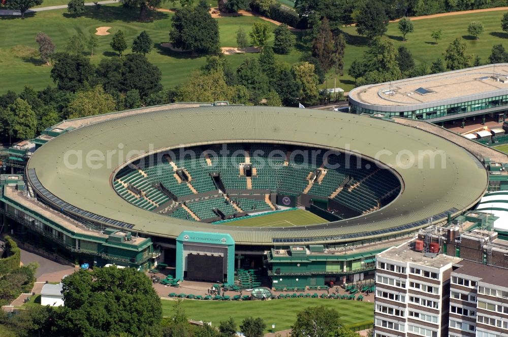 London from the bird's eye view: Venue of the tennis tournament the Championships, Wimbledon with the Court No.1 and one of the Olympic and Paralympic venues for the 2012 Games in London in England, Great Britain