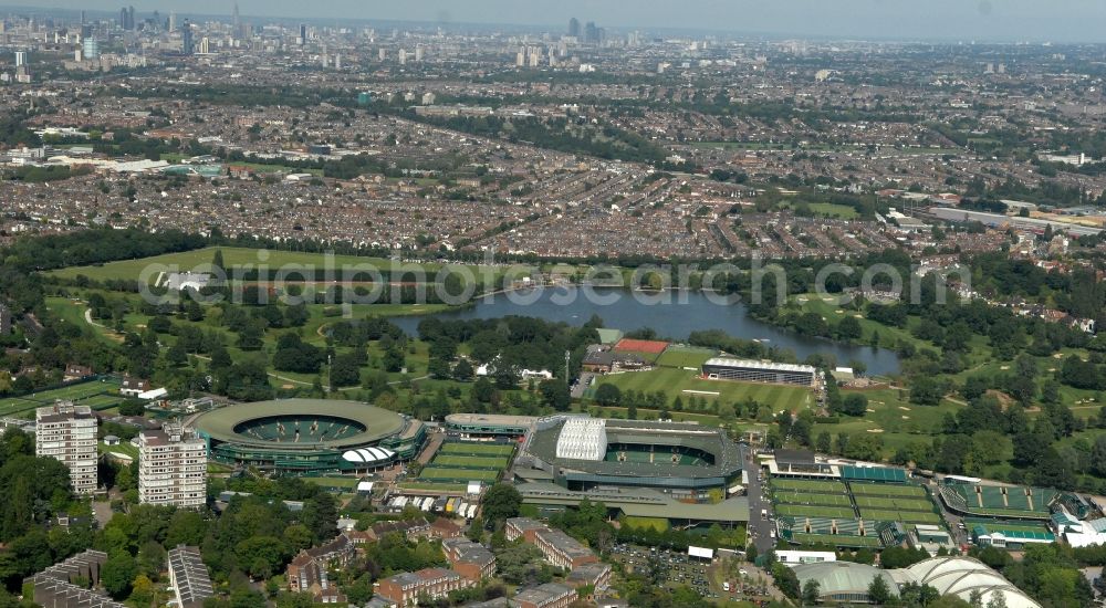 Aerial image London - Venue of the tennis tournament the Championships, Wimbledon with the Centre Court and one of the Olympic and Paralympic venues for the 2012 Games in London in England, Great Britain