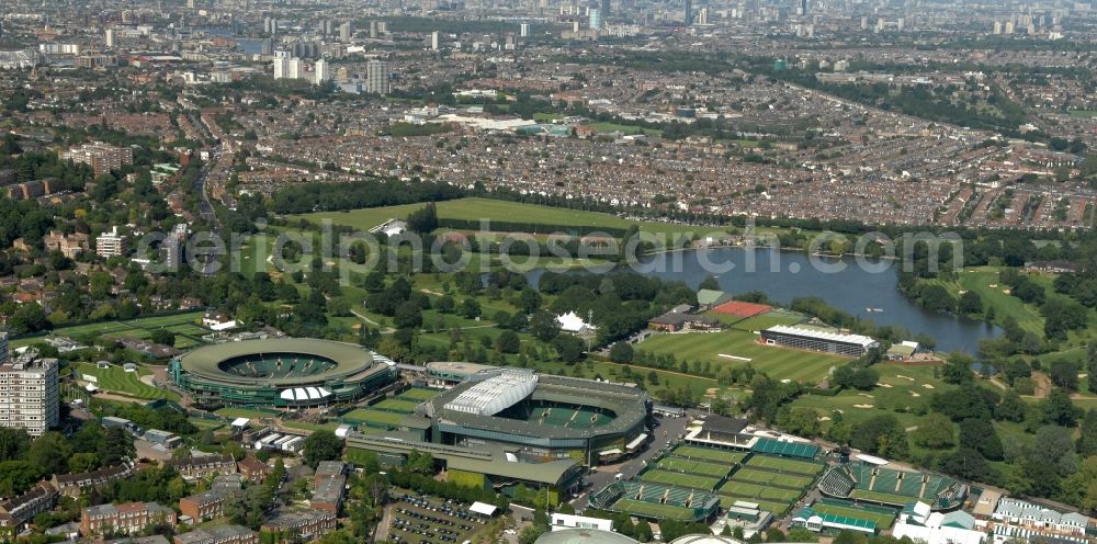 Aerial photograph London - Venue of the tennis tournament the Championships, Wimbledon with the Centre Court and one of the Olympic and Paralympic venues for the 2012 Games in London in England, Great Britain