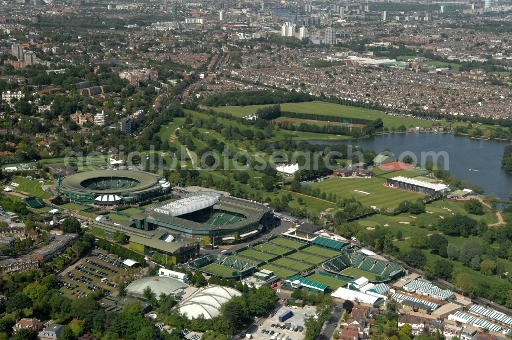 London from the bird's eye view: Venue of the tennis tournament the Championships, Wimbledon with the Centre Court and one of the Olympic and Paralympic venues for the 2012 Games in London in England, Great Britain