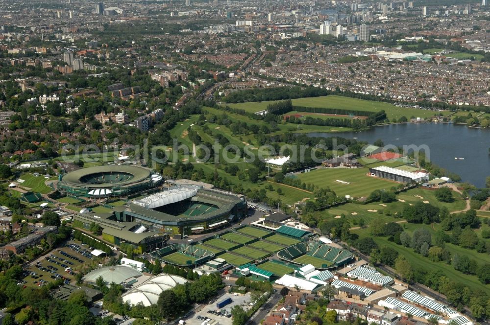 Aerial image London - Venue of the tennis tournament the Championships, Wimbledon with the Centre Court and one of the Olympic and Paralympic venues for the 2012 Games in London in England, Great Britain
