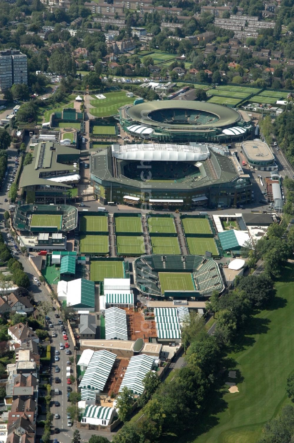 Aerial photograph London - Venue of the tennis tournament the Championships, Wimbledon with the Centre Court and one of the Olympic and Paralympic venues for the 2012 Games in London in England, Great Britain