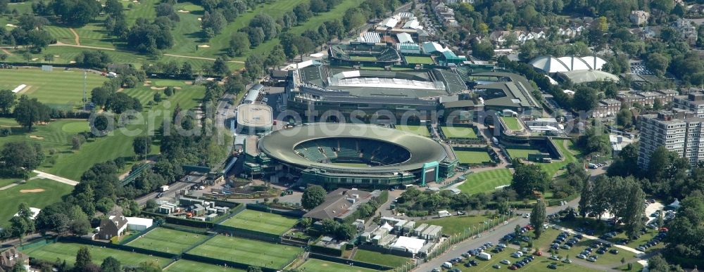 London from above - Venue of the tennis tournament the Championships, Wimbledon with the Centre Court and one of the Olympic and Paralympic venues for the 2012 Games in London in England, Great Britain