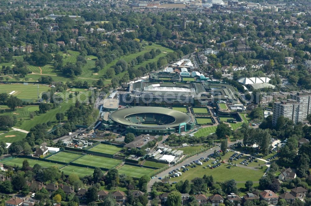 London from the bird's eye view: Venue of the tennis tournament the Championships, Wimbledon with the Centre Court and one of the Olympic and Paralympic venues for the 2012 Games in London in England, Great Britain