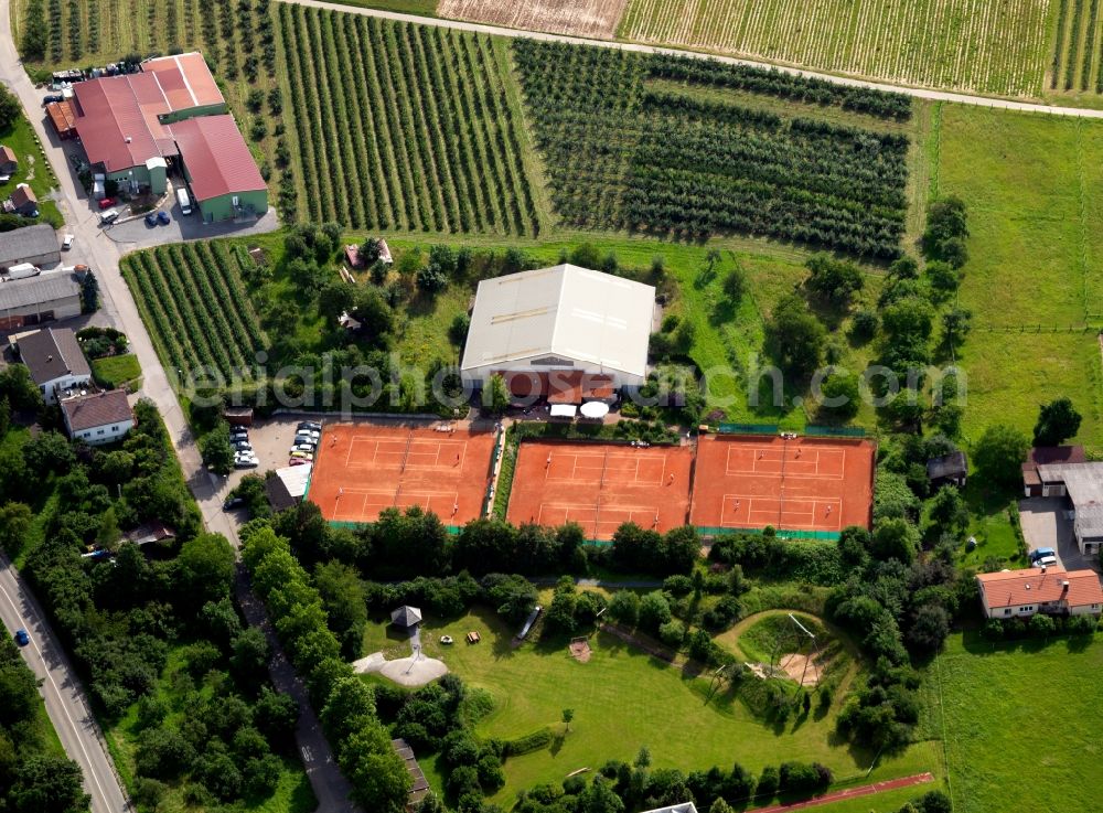 Aerial photograph Marbach am Neckar - Tennis courts of the Tennis Club Rielingshausen in Marbach on Neckar in the state of Baden-Wuerttemberg. The RTC Marbach e.V. uses the compound as the club site. It includes six outdoor courts and two indoor tennis courts. It is located in the East of the village, bordering fields and vineyards
