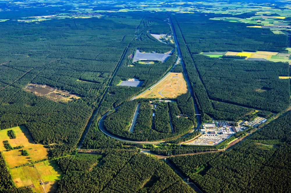 Wittingen from the bird's eye view: Test track and practice area for training in the driving safety center and traffic training area Volkswagen AG test site Ehra-Lessien in a forest and woodland area in Wittingen in the state of Lower Saxony